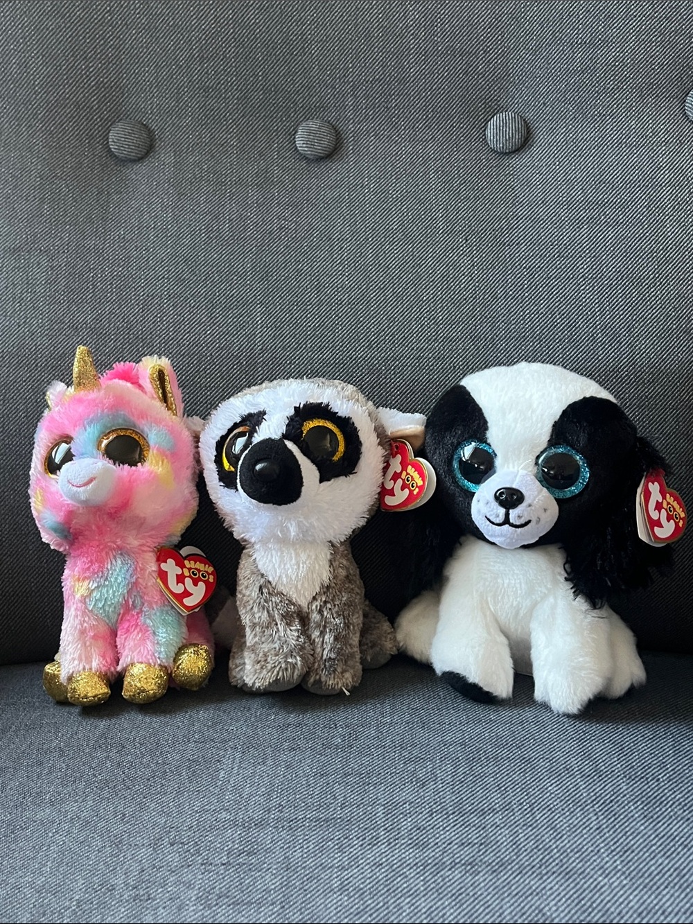 TY Plush Trio - Pink Multicolor Unicorn, Brown Meerkat, Black & White Puppy